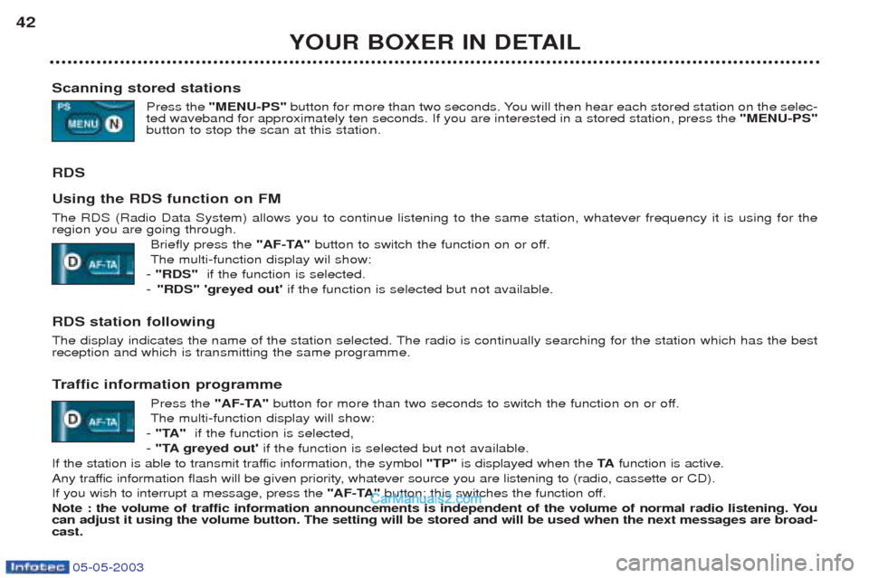 Peugeot Boxer 2003 Owners Guide 05-05-2003
YOUR BOXER IN DETAIL
42
Scanning stored stations Press the "MENU-PS" button for more than two seconds. You will then hear each stored station on the selec-
ted waveband for approximately te Peugeot Boxer 2003 Owners Guide 05-05-2003
YOUR BOXER IN DETAIL
42
Scanning stored stations Press the "MENU-PS" button for more than two seconds. You will then hear each stored station on the selec-
ted waveband for approximately te