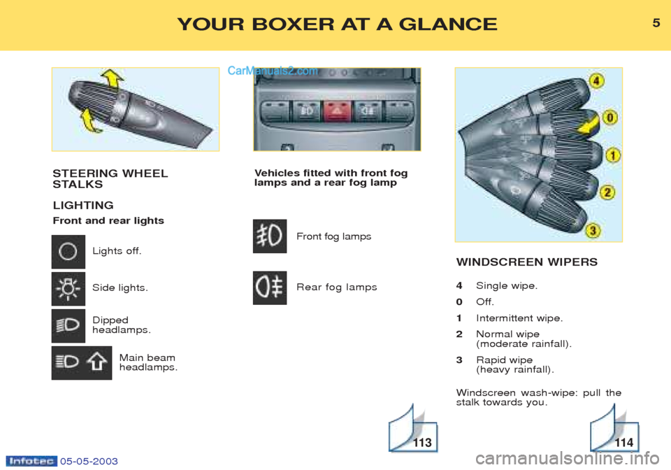 Peugeot Boxer 2003 Owners Manual 05-05-2003
Vehicles fitted with front fog
lamps and a rear fog lamp
Front fog lamps Rear fog lamps WINDSCREEN WIPERS 4
Single wipe.
0 Off.
1 Intermittent wipe.
2 Normal wipe (moderate rainfall).
3 Ra Peugeot Boxer 2003 Owners Manual 05-05-2003
Vehicles fitted with front fog
lamps and a rear fog lamp
Front fog lamps Rear fog lamps WINDSCREEN WIPERS 4
Single wipe.
0 Off.
1 Intermittent wipe.
2 Normal wipe (moderate rainfall).
3 Ra