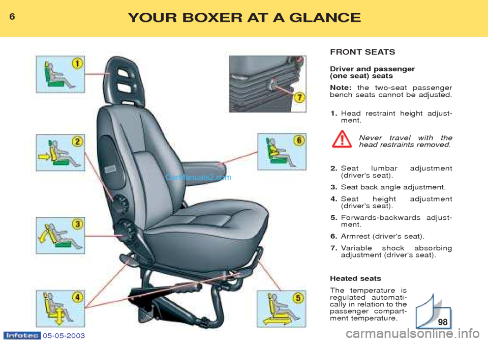 Peugeot Boxer 2003 Owners Manual 05-05-2003
FRONT SEATS Driver and passenger (one seat) seats Note:the two-seat passenger
bench seats cannot be adjusted.
1. Head restraint height adjust- ment.
Never travel with thehead restraints re Peugeot Boxer 2003 Owners Manual 05-05-2003
FRONT SEATS Driver and passenger (one seat) seats Note:the two-seat passenger
bench seats cannot be adjusted.
1. Head restraint height adjust- ment.
Never travel with thehead restraints re