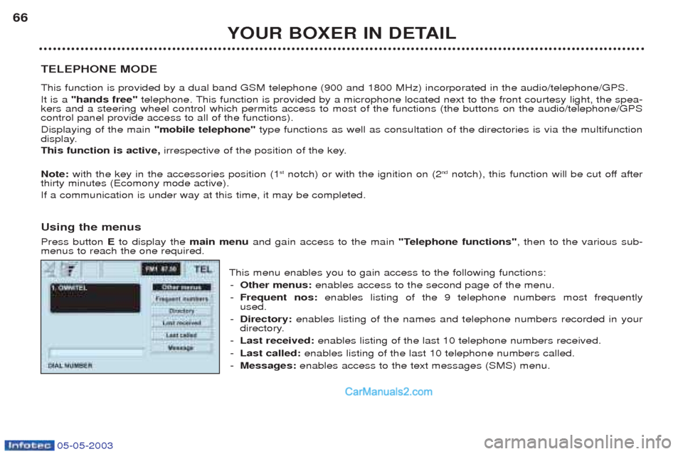Peugeot Boxer 2003 User Guide 05-05-2003
YOUR BOXER IN DETAIL
66
TELEPHONE MODE This function is provided by a dual band GSM telephone (900 and 1800 MHz) incorporated in the audio/telephone/GPS. It is a "hands free" telephone. T Peugeot Boxer 2003 User Guide 05-05-2003
YOUR BOXER IN DETAIL
66
TELEPHONE MODE This function is provided by a dual band GSM telephone (900 and 1800 MHz) incorporated in the audio/telephone/GPS. It is a "hands free" telephone. T
