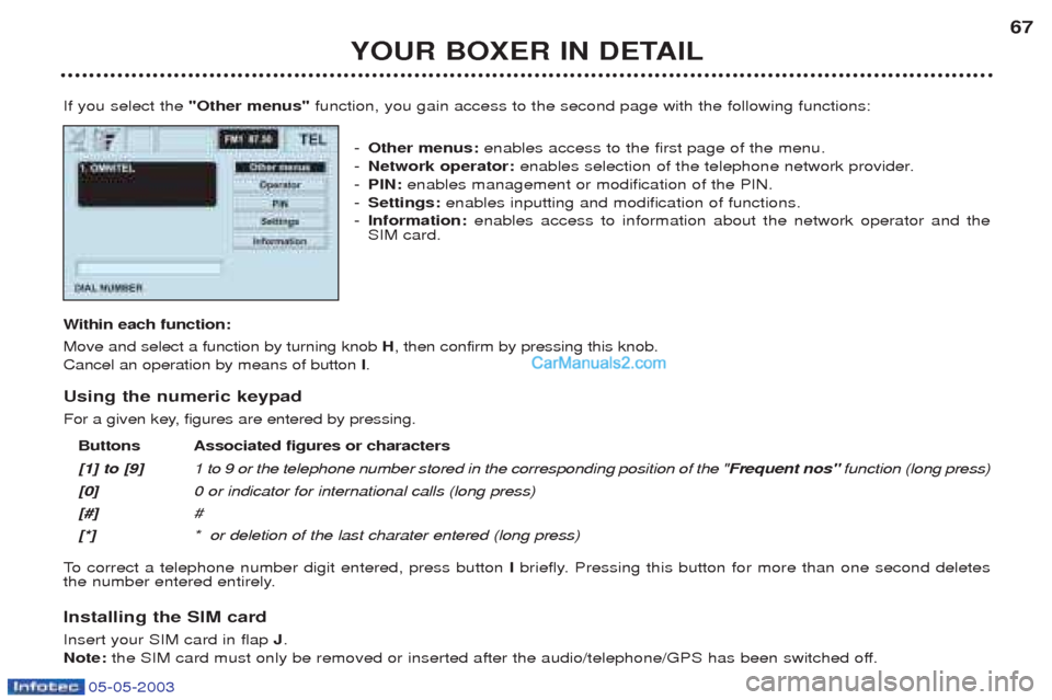 Peugeot Boxer 2003 User Guide 05-05-2003
YOUR BOXER IN DETAIL67
If you select the "Other menus" function, you gain access to the second page with the following functions:
- Other menus: enables access to the first page of the men Peugeot Boxer 2003 User Guide 05-05-2003
YOUR BOXER IN DETAIL67
If you select the "Other menus" function, you gain access to the second page with the following functions:
- Other menus: enables access to the first page of the men