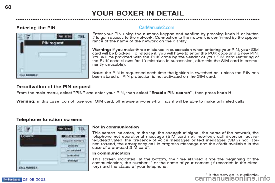 Peugeot Boxer 2003 User Guide 05-05-2003
YOUR BOXER IN DETAIL
68
Entering the PIN Enter your PIN using the numeric keypad and confirm by pressing knob Hor button
# to gain access to the network. Connection to the network is confi Peugeot Boxer 2003 User Guide 05-05-2003
YOUR BOXER IN DETAIL
68
Entering the PIN Enter your PIN using the numeric keypad and confirm by pressing knob Hor button
# to gain access to the network. Connection to the network is confi