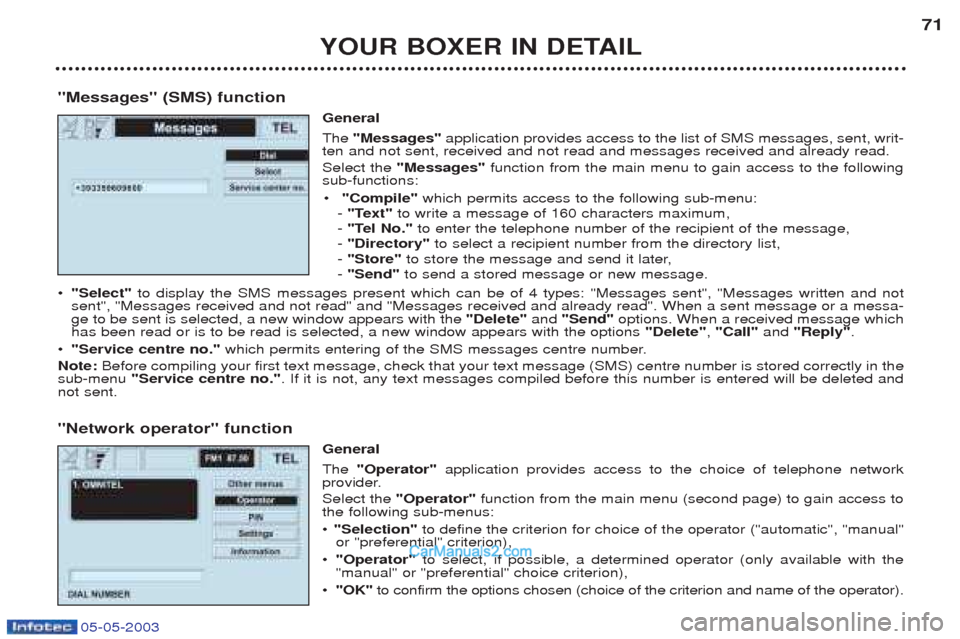 Peugeot Boxer 2003 Repair Manual YOUR BOXER IN DETAIL71
"Messages" (SMS) function General The"Messages"  application provides access to the list of SMS messages, sent, writ-
ten and not sent, received and not read and messages receiv