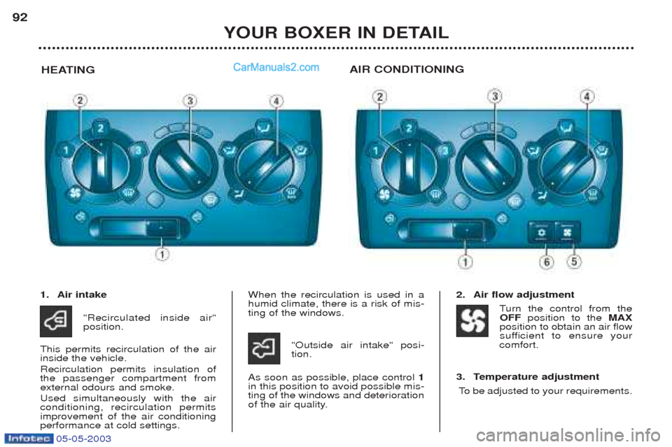 Peugeot Boxer 2003 Owners Manual 05-05-2003
YOUR BOXER IN DETAIL
92
HEATING AIR CONDITIONING
1. Air intake
"Recirculated inside air" position.
This permits recirculation of the airinside the vehicle. Recirculation permits insulation Peugeot Boxer 2003 Owners Manual 05-05-2003
YOUR BOXER IN DETAIL
92
HEATING AIR CONDITIONING
1. Air intake
"Recirculated inside air" position.
This permits recirculation of the airinside the vehicle. Recirculation permits insulation