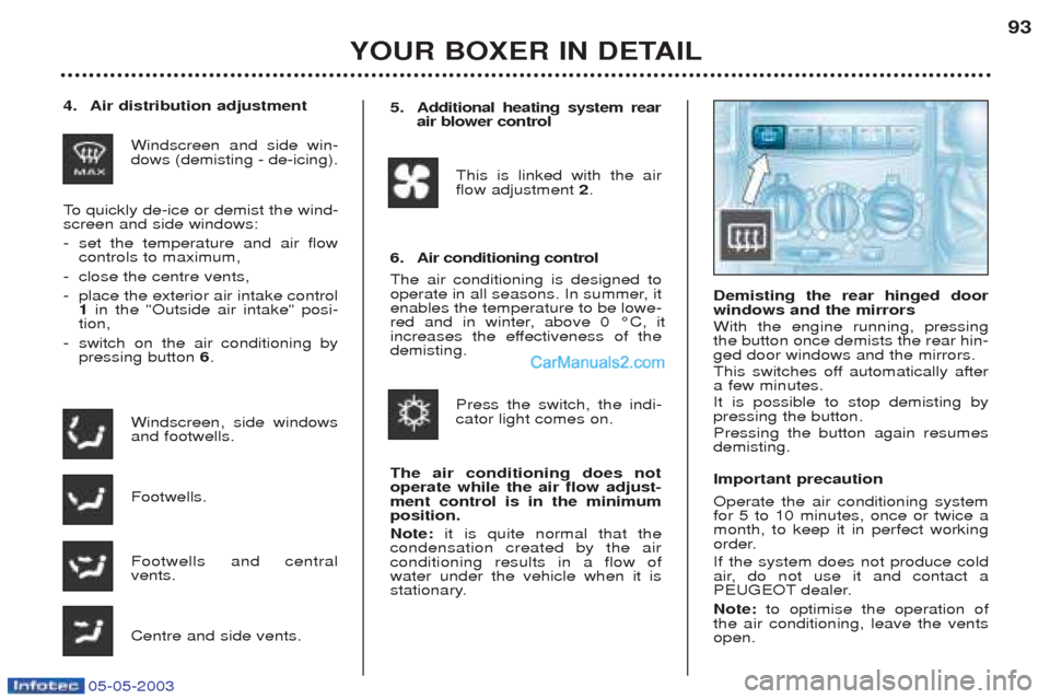 Peugeot Boxer 2003 Owners Manual 05-05-2003
YOUR BOXER IN DETAIL93
4. Air distribution adjustment
Windscreen and side win- dows (demisting - de-icing).
To quickly de-ice or demist the wind-
screen and side windows:
- set the temper Peugeot Boxer 2003 Owners Manual 05-05-2003
YOUR BOXER IN DETAIL93
4. Air distribution adjustment
Windscreen and side win- dows (demisting - de-icing).
To quickly de-ice or demist the wind-
screen and side windows:
- set the temper