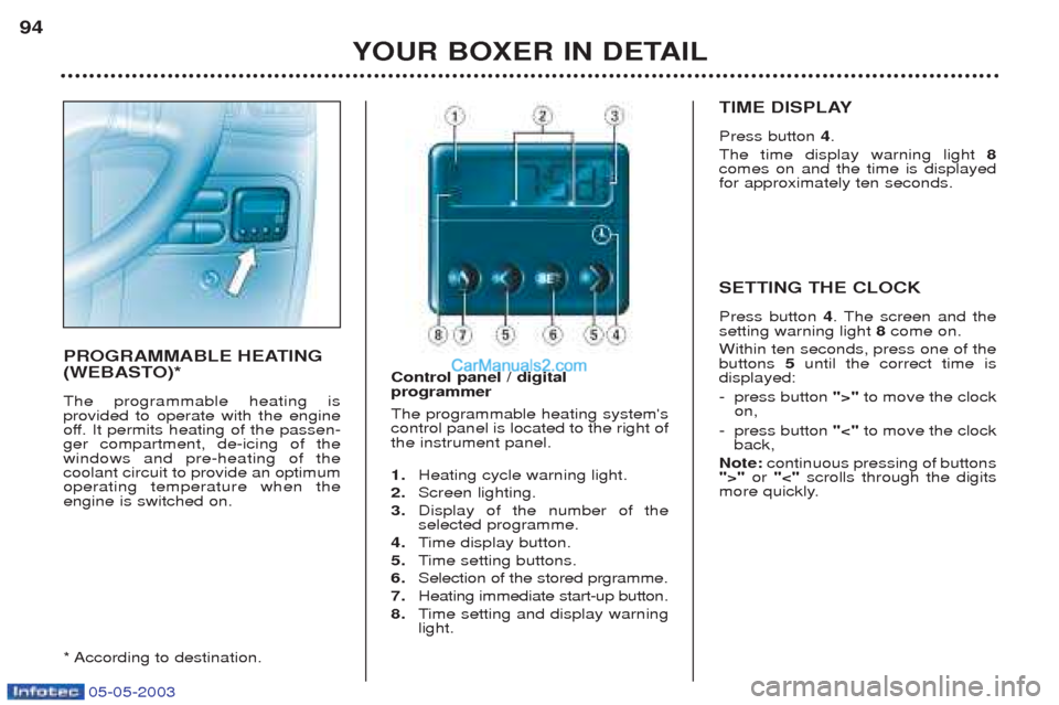 Peugeot Boxer 2003  Owners Manual 05-05-2003
YOUR BOXER IN DETAIL
94
PROGRAMMABLE HEATING 
(WEBASTO)* The programmable heating is  provided to operate with the engine
off. It permits heating of the passen-ger compartment, de-icing of 