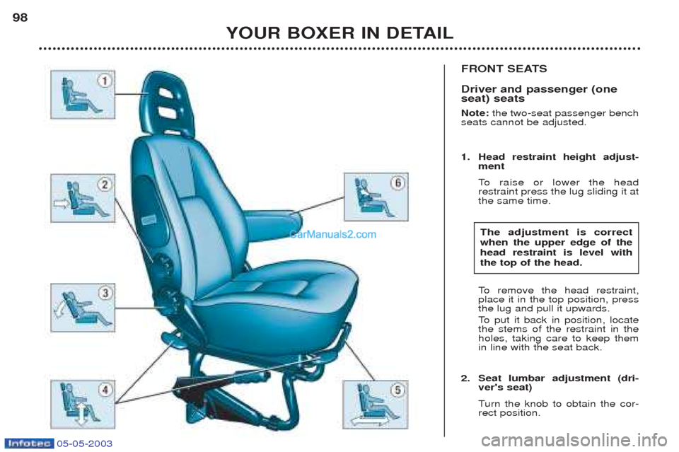 Peugeot Boxer 2003  Owners Manual 05-05-2003
FRONT SEATS  Driver and passenger (one seat) seats Note: the two-seat passenger bench
seats cannot be adjusted. 
1. Head restraint height adjust- ment 
To   raise or lower the head
restrain