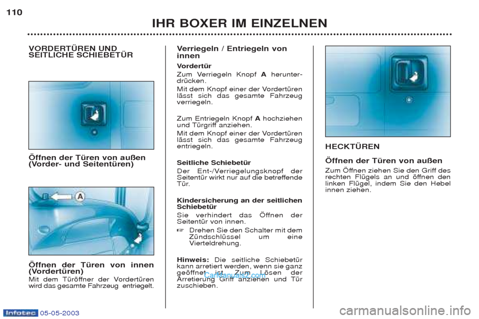 Peugeot Boxer 2003  Betriebsanleitung (in German) 05-05-2003
HECKT†REN …ffnen der TŸren von au§en 
Zum …ffnen ziehen Sie den Griff des 
rechten FlŸgels an und šffnen denlinken FlŸgel, indem Sie den Hebelinnen ziehen.
IHR BOXER IM EINZELNEN