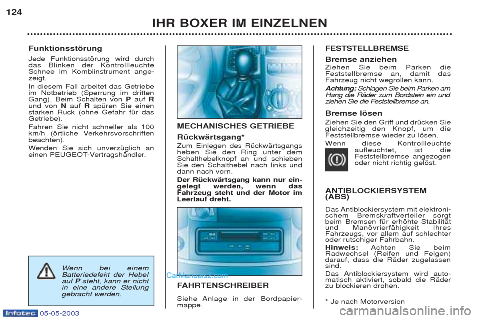 Peugeot Boxer 2003 Betriebsanleitung (in German) 05-05-2003
Funktionsstšrung Jede Funktionsstšrung wird durch das Blinken der KontrollleuchteSchnee im Kombiinstrument ange-zeigt. In diesem Fall arbeitet das Getriebe im Notbetrieb (Sperrung im d Peugeot Boxer 2003 Betriebsanleitung (in German) 05-05-2003
Funktionsstšrung Jede Funktionsstšrung wird durch das Blinken der KontrollleuchteSchnee im Kombiinstrument ange-zeigt. In diesem Fall arbeitet das Getriebe im Notbetrieb (Sperrung im d