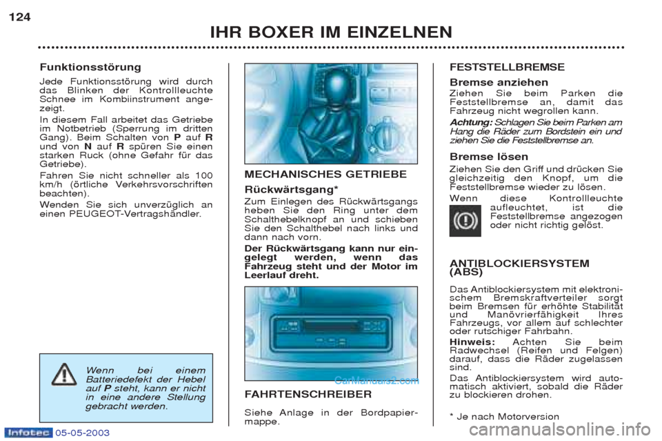 Peugeot Boxer 2003 Betriebsanleitung (in German) 05-05-2003
Funktionsstšrung Jede Funktionsstšrung wird durch das Blinken der KontrollleuchteSchnee im Kombiinstrument ange-zeigt. In diesem Fall arbeitet das Getriebe im Notbetrieb (Sperrung im d Peugeot Boxer 2003 Betriebsanleitung (in German) 05-05-2003
Funktionsstšrung Jede Funktionsstšrung wird durch das Blinken der KontrollleuchteSchnee im Kombiinstrument ange-zeigt. In diesem Fall arbeitet das Getriebe im Notbetrieb (Sperrung im d