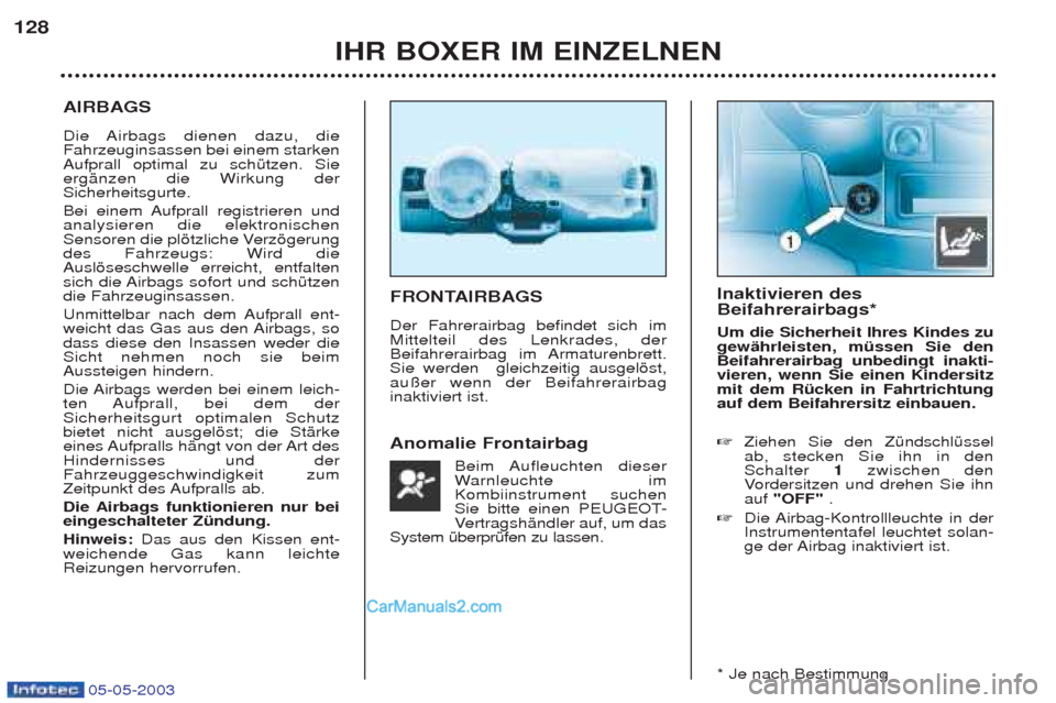 Peugeot Boxer 2003 Betriebsanleitung (in German) 05-05-2003
IHR BOXER IM EINZELNEN
128
AIRBAGS
Die Airbags dienen dazu, die Fahrzeuginsassen bei einem starkenAufprall optimal zu schŸtzen. SieergŠnzen die Wirkung derSicherheitsgurte.
Bei einem A Peugeot Boxer 2003 Betriebsanleitung (in German) 05-05-2003
IHR BOXER IM EINZELNEN
128
AIRBAGS
Die Airbags dienen dazu, die Fahrzeuginsassen bei einem starkenAufprall optimal zu schŸtzen. SieergŠnzen die Wirkung derSicherheitsgurte.
Bei einem A