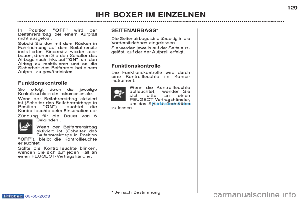 Peugeot Boxer 2003 Betriebsanleitung (in German) 05-05-2003
IHR BOXER IM EINZELNEN129
In Position
"OFF"wird der
Beifahrerairbag bei einem Aufprall nicht ausgelšst. Sobald Sie den mit dem RŸcken in Fahrtrichtung auf dem Beifahrersitzinstallierten Peugeot Boxer 2003 Betriebsanleitung (in German) 05-05-2003
IHR BOXER IM EINZELNEN129
In Position
"OFF"wird der
Beifahrerairbag bei einem Aufprall nicht ausgelšst. Sobald Sie den mit dem RŸcken in Fahrtrichtung auf dem Beifahrersitzinstallierten