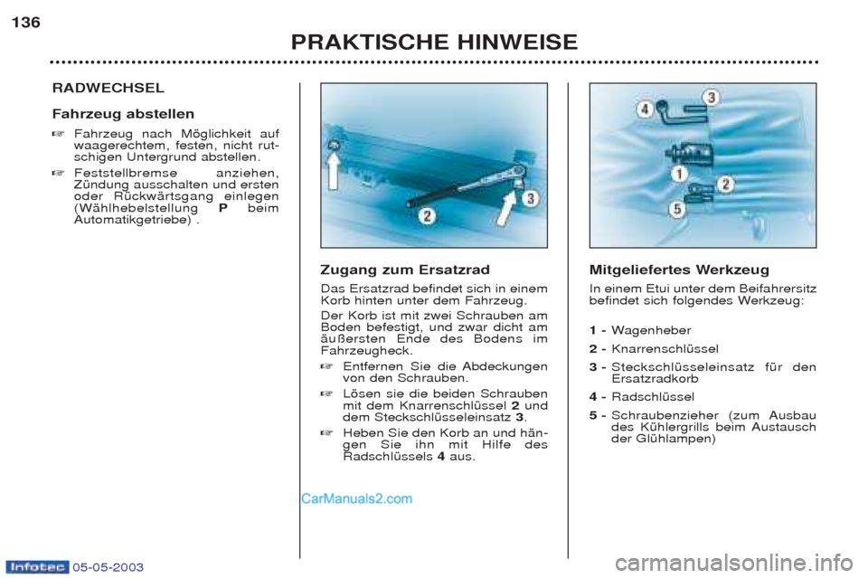 Peugeot Boxer 2003 Betriebsanleitung (in German) 05-05-2003
PRAKTISCHE HINWEISE
136
RADWECHSEL Fahrzeug abstellen ☞
Fahrzeug nach Mšglichkeit auf waagerechtem, festen, nicht rut-schigen Untergrund abstellen.
☞ Feststellbremse anziehen,ZŸndun Peugeot Boxer 2003 Betriebsanleitung (in German) 05-05-2003
PRAKTISCHE HINWEISE
136
RADWECHSEL Fahrzeug abstellen ☞
Fahrzeug nach Mšglichkeit auf waagerechtem, festen, nicht rut-schigen Untergrund abstellen.
☞ Feststellbremse anziehen,ZŸndun
