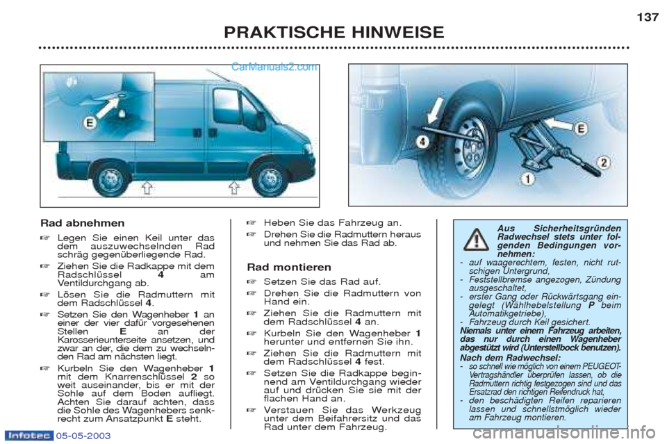 Peugeot Boxer 2003 Betriebsanleitung (in German) 05-05-2003
Rad abnehmen ☞Legen Sie einen Keil unter das dem auszuwechselnden RadschrŠg gegenŸberliegende Rad.
☞ Ziehen Sie die Radkappe mit demRadschlŸssel 4am
V entildurchgang ab.
☞ Lšs Peugeot Boxer 2003 Betriebsanleitung (in German) 05-05-2003
Rad abnehmen ☞Legen Sie einen Keil unter das dem auszuwechselnden RadschrŠg gegenŸberliegende Rad.
☞ Ziehen Sie die Radkappe mit demRadschlŸssel 4am
V entildurchgang ab.
☞ Lšs
