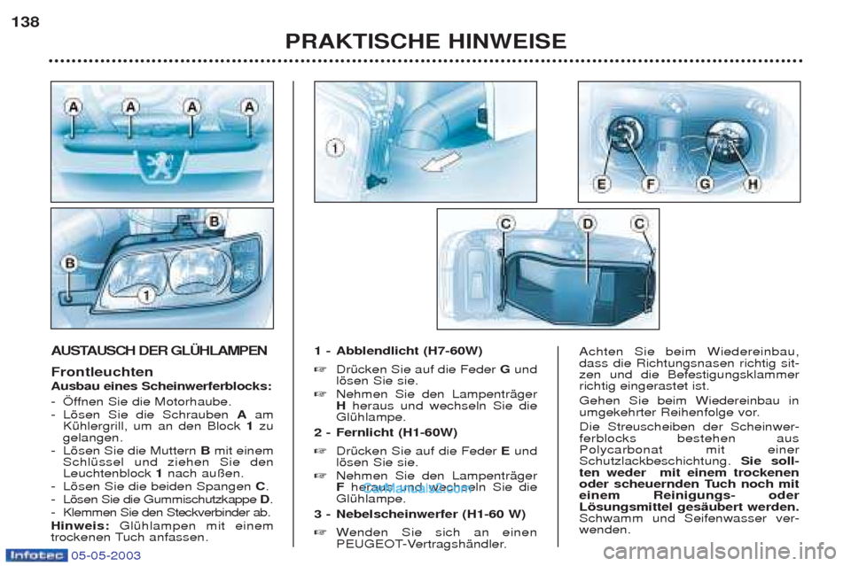 Peugeot Boxer 2003 Betriebsanleitung (in German) 05-05-2003
PRAKTISCHE HINWEISE
138
AUSTAUSCH DER GL†HLAMPEN Frontleuchten Ausbau eines Scheinwerferblocks:
-…f
fnen Sie die Motorhaube.
- Lšsen Sie die Schrauben Aam
KŸhlergrill, um an den B Peugeot Boxer 2003 Betriebsanleitung (in German) 05-05-2003
PRAKTISCHE HINWEISE
138
AUSTAUSCH DER GL†HLAMPEN Frontleuchten Ausbau eines Scheinwerferblocks:
-…f
fnen Sie die Motorhaube.
- Lšsen Sie die Schrauben Aam
KŸhlergrill, um an den B