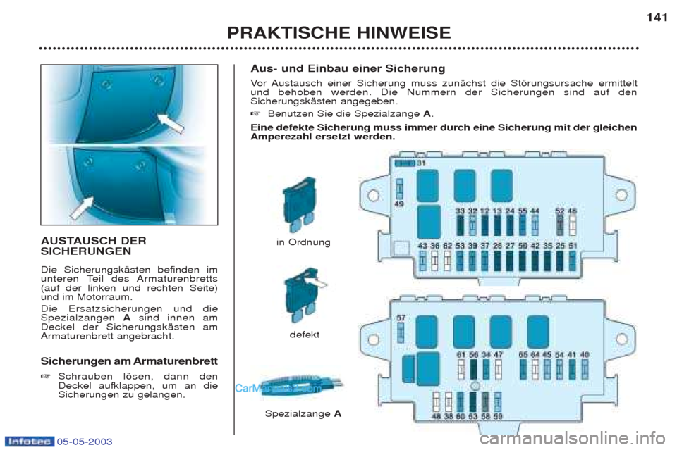 Peugeot Boxer 2003 Betriebsanleitung (in German) 05-05-2003
Aus- und Einbau einer Sicherung Vor Austausch einer Sicherung muss zunŠchst die Stšrungsursache ermittelt
und behoben werden. Die Nummern der Sicherungen sind auf den SicherungskŠsten a Peugeot Boxer 2003 Betriebsanleitung (in German) 05-05-2003
Aus- und Einbau einer Sicherung Vor Austausch einer Sicherung muss zunŠchst die Stšrungsursache ermittelt
und behoben werden. Die Nummern der Sicherungen sind auf den SicherungskŠsten a