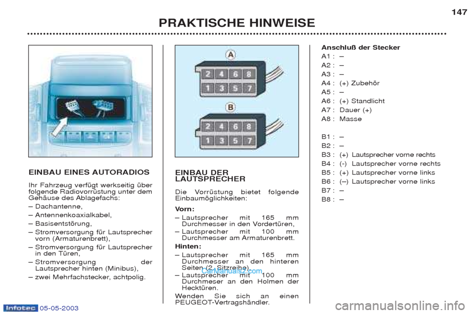 Peugeot Boxer 2003 Betriebsanleitung (in German) 05-05-2003
PRAKTISCHE HINWEISE147
EINBAU EINES AUTORADIOS Ihr Fahrzeug verfŸgt werkseitig Ÿber folgende RadiovorrŸstung unter dem
GehŠuse des Ablagefachs: Ð
Dachantenne,
Ð Antennenkoaxialkab Peugeot Boxer 2003 Betriebsanleitung (in German) 05-05-2003
PRAKTISCHE HINWEISE147
EINBAU EINES AUTORADIOS Ihr Fahrzeug verfŸgt werkseitig Ÿber folgende RadiovorrŸstung unter dem
GehŠuse des Ablagefachs: Ð
Dachantenne,
Ð Antennenkoaxialkab