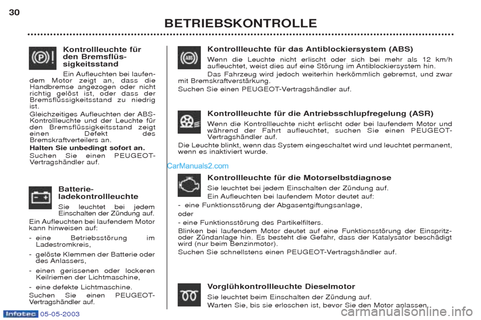 Peugeot Boxer 2003  Betriebsanleitung (in German) 05-05-2003
Kontrollleuchte fŸr das Antiblockiersystem (ABS)  Wenn die Leuchte nicht erlischt oder sich bei mehr als 12 km/h
aufleuchtet, weist dies auf eine Stšrung im Antiblockiersystem hin.  Das F