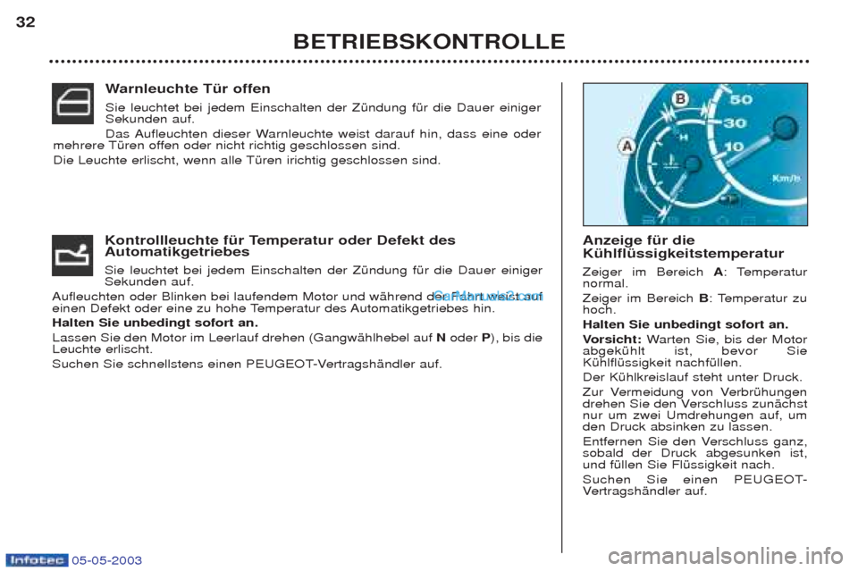 Peugeot Boxer 2003  Betriebsanleitung (in German) 05-05-2003
BETRIEBSKONTROLLE
32
Kontrollleuchte fŸr Temperatur oder Defekt des Automatikgetriebes  Sie leuchtet bei jedem Einschalten der ZŸndung fŸr die Dauer einiger Sekunden auf. 
Aufleuchten od