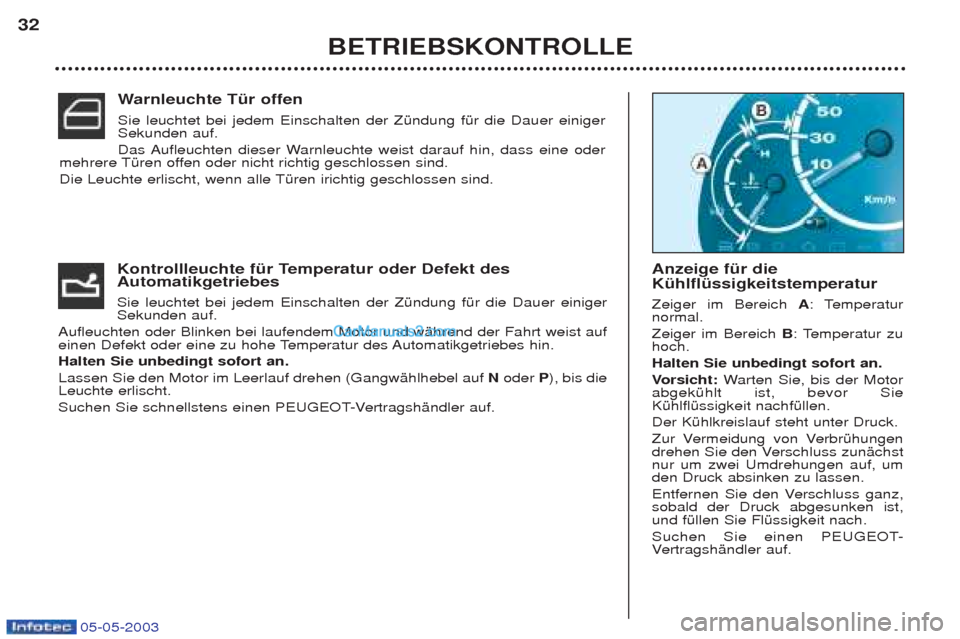 Peugeot Boxer 2003  Betriebsanleitung (in German) 05-05-2003
BETRIEBSKONTROLLE
32
Kontrollleuchte fŸr Temperatur oder Defekt des Automatikgetriebes  Sie leuchtet bei jedem Einschalten der ZŸndung fŸr die Dauer einiger Sekunden auf. 
Aufleuchten od