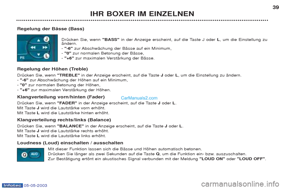 Peugeot Boxer 2003  Betriebsanleitung (in German) 05-05-2003
IHR BOXER IM EINZELNEN39
Regelung der BŠsse (Bass) DrŸcken Sie, wenn "BASS"in der Anzeige erscheint, auf die Taste J oder  L, um die Einstellung zu
Šndern.  -  "-6"  zur AbschwŠchung de