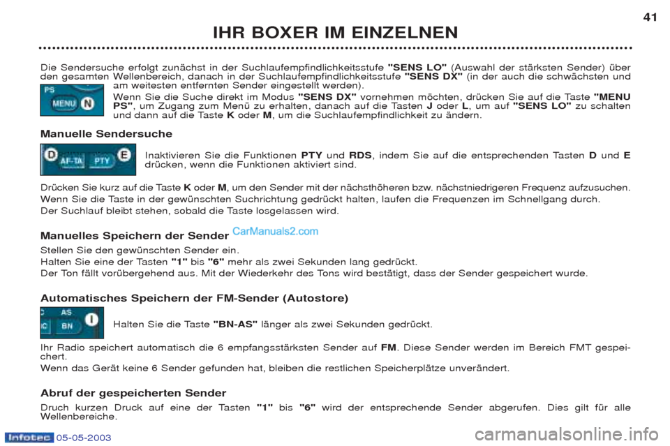 Peugeot Boxer 2003 Betriebsanleitung (in German) 05-05-2003
IHR BOXER IM EINZELNEN41
Die Sendersuche erfolgt zunŠchst in der Suchlaufempfindlichkeitsstufe "SENS LO" (Auswahl der stŠrksten Sender) Ÿber
den gesamten Wellenbereich, danach in der Su Peugeot Boxer 2003 Betriebsanleitung (in German) 05-05-2003
IHR BOXER IM EINZELNEN41
Die Sendersuche erfolgt zunŠchst in der Suchlaufempfindlichkeitsstufe "SENS LO" (Auswahl der stŠrksten Sender) Ÿber
den gesamten Wellenbereich, danach in der Su