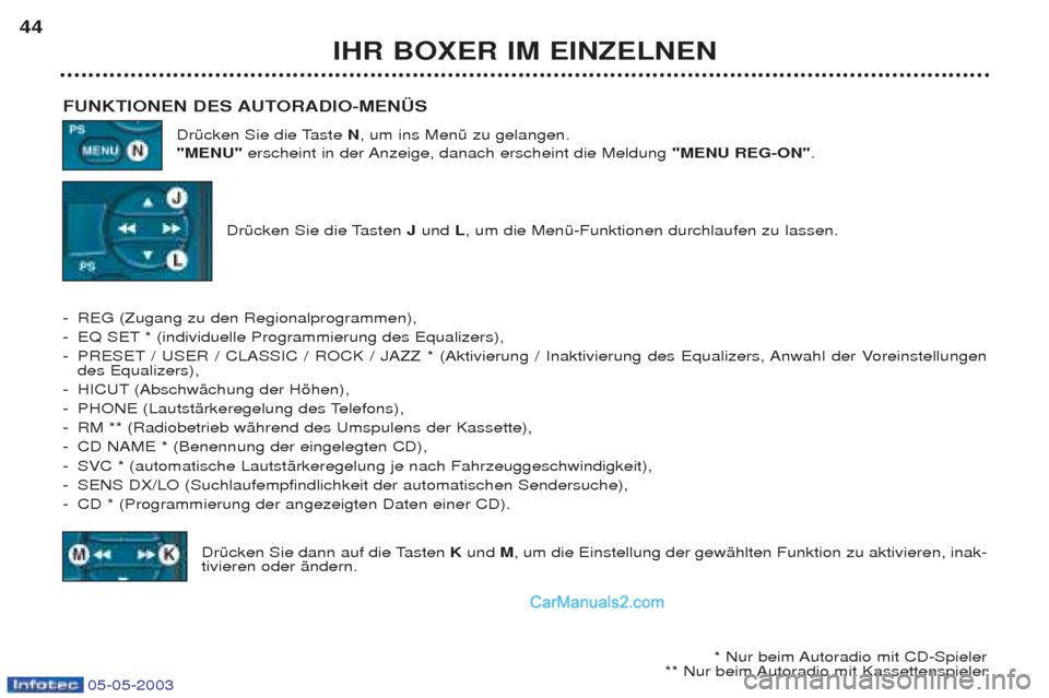 Peugeot Boxer 2003 Betriebsanleitung (in German) 05-05-2003
IHR BOXER IM EINZELNEN
44
FUNKTIONEN DES AUTORADIO-MEN†S DrŸcken Sie die Taste N, um ins MenŸ zu gelangen.
"MENU" erscheint in der Anzeige, danach erscheint die Meldung "MENU REG-ON". Peugeot Boxer 2003 Betriebsanleitung (in German) 05-05-2003
IHR BOXER IM EINZELNEN
44
FUNKTIONEN DES AUTORADIO-MEN†S DrŸcken Sie die Taste N, um ins MenŸ zu gelangen.
"MENU" erscheint in der Anzeige, danach erscheint die Meldung "MENU REG-ON".