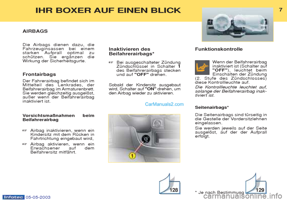 Peugeot Boxer 2003  Betriebsanleitung (in German) Funktionskontrolle Wenn der Beifahrerairbag
inaktiviert ist (Schalter auf "OFF" ), leuchtet beim
Einschalten der ZŸndung
(2. Stufe des ZŸndschlosses)diese Kontrollleuchte auf.  
Die Kontrollleuchte 