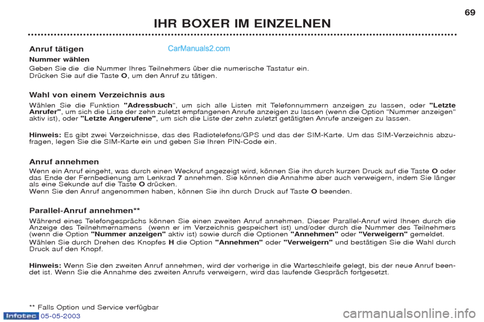 Peugeot Boxer 2003  Betriebsanleitung (in German) 05-05-2003
IHR BOXER IM EINZELNEN69
Anruf tŠtigen  Nummer wŠhlen  
Geben Sie die  die Nummer Ihres Teilnehmers Ÿber die numerische Tastatur ein.   
DrŸcken Sie auf die Taste  O, um den Anruf zu t