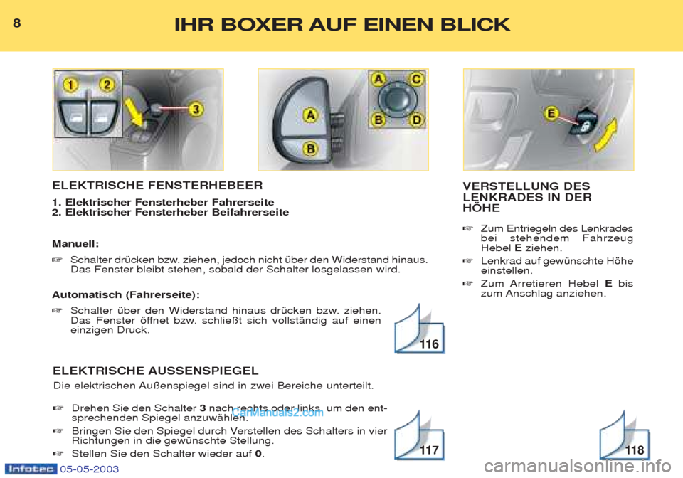 Peugeot Boxer 2003 Betriebsanleitung (in German) 05-05-2003
ELEKTRISCHE FENSTERHEBEER 1. Elektrischer Fensterheber Fahrerseite 2. Elektrischer Fensterheber Beifahrerseite Manuell: ☞Schalter drŸcken bzw. ziehen, jedoch nicht Ÿber den Widerstan Peugeot Boxer 2003 Betriebsanleitung (in German) 05-05-2003
ELEKTRISCHE FENSTERHEBEER 1. Elektrischer Fensterheber Fahrerseite 2. Elektrischer Fensterheber Beifahrerseite Manuell: ☞Schalter drŸcken bzw. ziehen, jedoch nicht Ÿber den Widerstan