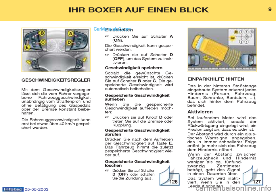 Peugeot Boxer 2003 Betriebsanleitung (in German) 05-05-2003
EINPARKHILFE HINTEN Das in der hinteren Sto§stange eingebaute System erkennt jedesHindernis (Person, Fahrzeug,Baum, Schranke, Bordstein, ...),das sich hinter dem Fahrzeugbefindet. Aktivie Peugeot Boxer 2003 Betriebsanleitung (in German) 05-05-2003
EINPARKHILFE HINTEN Das in der hinteren Sto§stange eingebaute System erkennt jedesHindernis (Person, Fahrzeug,Baum, Schranke, Bordstein, ...),das sich hinter dem Fahrzeugbefindet. Aktivie