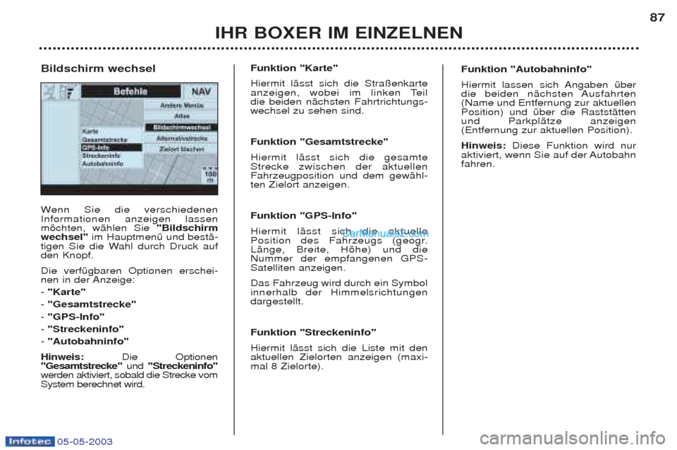 Peugeot Boxer 2003  Betriebsanleitung (in German) 05-05-2003
IHR BOXER IM EINZELNEN87
W
enn Sie die verschiedenen
Informationen anzeigen lassen mšchten, wŠhlen Sie  "Bildschirm
wechsel" im HauptmenŸ und bestŠ-
tigen Sie die Wahl durch Druck aufde