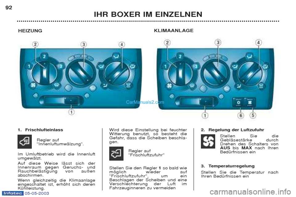 Peugeot Boxer 2003  Betriebsanleitung (in German) 05-05-2003
IHR BOXER IM EINZELNEN
92
HEIZUNG KLIMAANLAGE
1. Frischlufteinlass 
Regler auf "InnenluftumwŠlzung".
Im Umluftbetrieb wird die InnenluftumgewŠlzt.  
Auf diese Weise lŠsst sich der Innenr