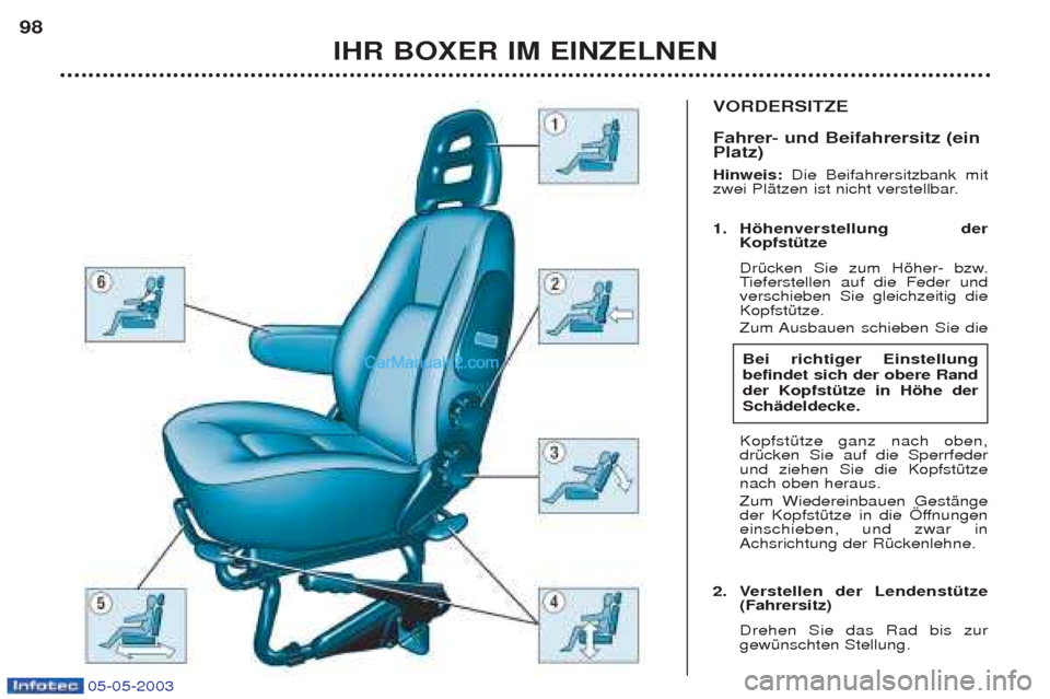 Peugeot Boxer 2003  Betriebsanleitung (in German) 05-05-2003
VORDERSITZE Fahrer- und Beifahrersitz (ein Platz) Hinweis:Die Beifahrersitzbank mit
zwei PlŠtzen ist nicht verstellbar.  1. Hšhenverstellung der KopfstŸtze  
DrŸcken Sie zum Hšher- bzw