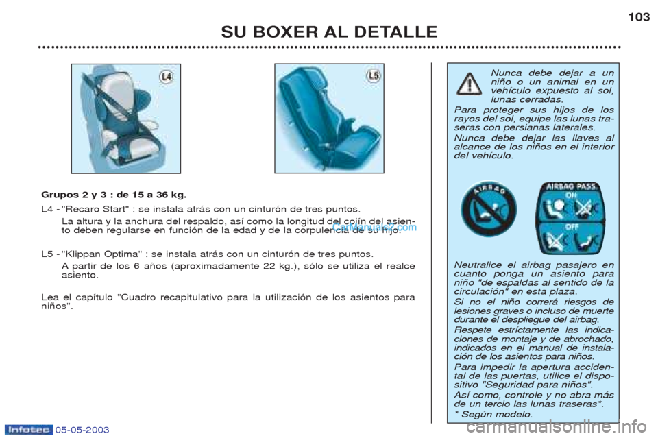 Peugeot Boxer 2003  Manual del propietario (in Spanish) 05-05-2003
SU BOXER AL DETALLE103
Nunca debe dejar a un ni–o o un animal en unveh’culo expuesto al sol,lunas cerradas.
Para proteger sus hijos de losrayos del sol, equipe las lunas tra-seras con p