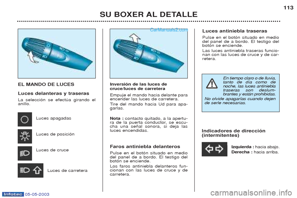 Peugeot Boxer 2003 Manual del propietario (in Spanish) 05-05-2003
SU BOXER AL DETALLE113
EL MANDO DE LUCES Luces delanteras y traseras La selecci—n se efectœa girando el anillo.
Luces apagadas Luces de posici—nLuces de cruce
Luces de carretera Inver Peugeot Boxer 2003 Manual del propietario (in Spanish) 05-05-2003
SU BOXER AL DETALLE113
EL MANDO DE LUCES Luces delanteras y traseras La selecci—n se efectœa girando el anillo.
Luces apagadas Luces de posici—nLuces de cruce
Luces de carretera Inver