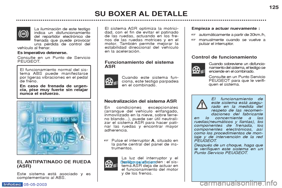 Peugeot Boxer 2003 Manual del propietario (in Spanish) 05-05-2003
El sistema ASR optimiza la motrici- dad, con el fin de evitar el patinadode las ruedas, actuando en los fre-nos de las ruedas motrices y en el
motor. TambiŽn permite mejorar laestabilidad Peugeot Boxer 2003 Manual del propietario (in Spanish) 05-05-2003
El sistema ASR optimiza la motrici- dad, con el fin de evitar el patinadode las ruedas, actuando en los fre-nos de las ruedas motrices y en el
motor. TambiŽn permite mejorar laestabilidad