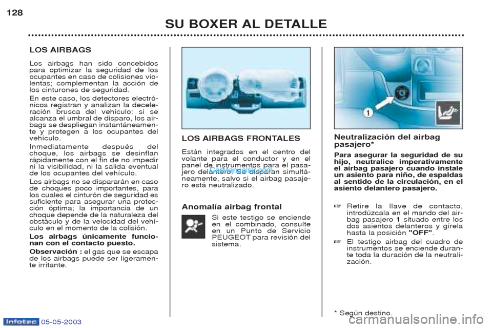 Peugeot Boxer 2003  Manual del propietario (in Spanish) 05-05-2003
SU BOXER AL DETALLE
128
LOS AIRBAGS  Los airbags han sido concebidos para optimizar la seguridad de losocupantes en caso de colisiones vio-lentas; complementan la acci—n delos cinturones 