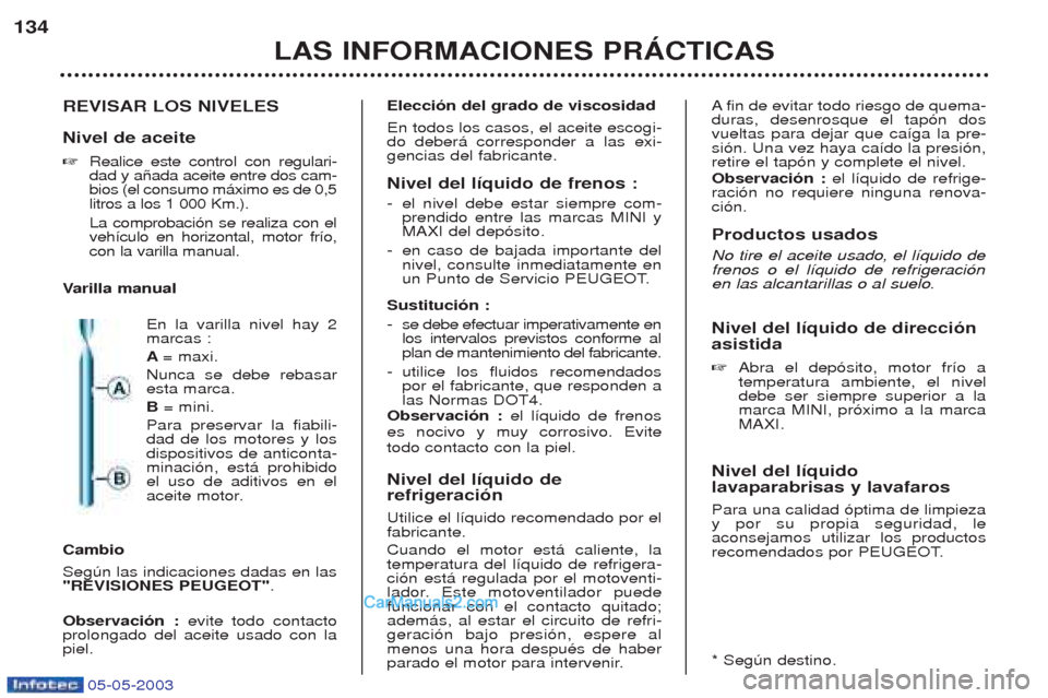 Peugeot Boxer 2003  Manual del propietario (in Spanish) 05-05-2003
LAS INFORMACIONES PRçCTICAS
134
REVISAR LOS NIVELES Nivel de aceite ☞Realice este control con regulari- dad y a–ada aceite entre dos cam-bios (el consumo m‡ximo es de 0,5litros a los