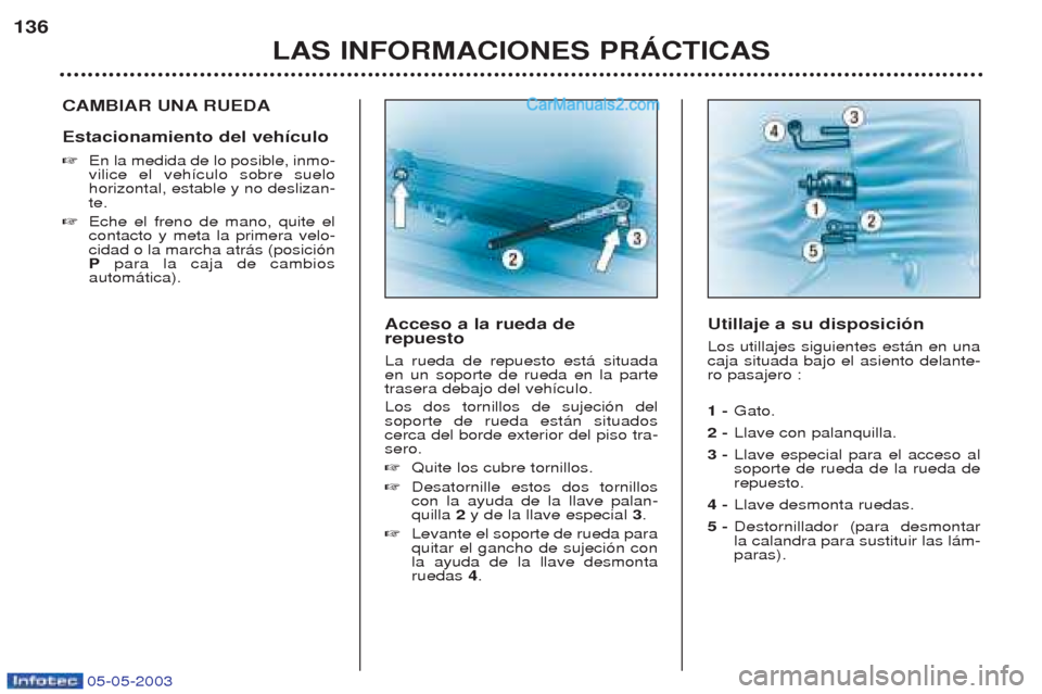 Peugeot Boxer 2003  Manual del propietario (in Spanish) 05-05-2003
LAS INFORMACIONES PRçCTICAS
136
CAMBIAR UNA RUEDA Estacionamiento del veh’culo ☞
En la medida de lo posible, inmo- vilice el veh’culo sobre suelohorizontal, estable y no deslizan-te.