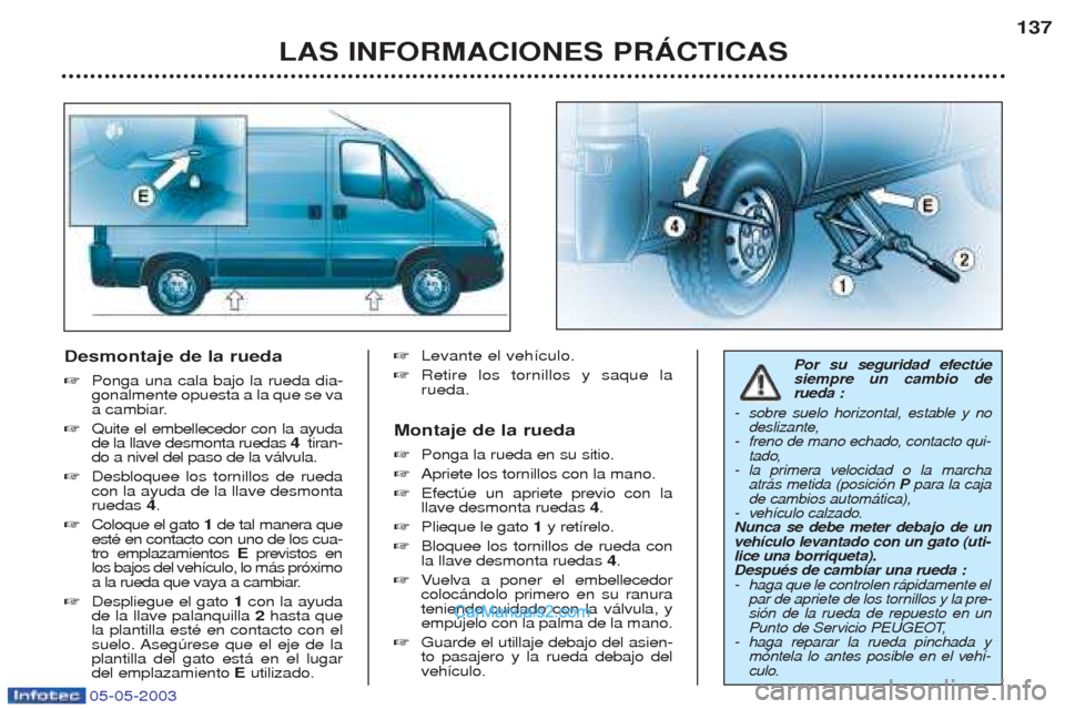 Peugeot Boxer 2003  Manual del propietario (in Spanish) 05-05-2003
Desmontaje de la rueda ☞Ponga una cala bajo la rueda dia- gonalmente opuesta a la que se va
a cambiar.
☞ Quite el embellecedor con la ayudade la llave desmonta ruedas  4  tiran-
do a ni