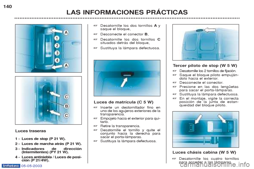 Peugeot Boxer 2003  Manual del propietario (in Spanish) 05-05-2003
Luces traseras  
1 - Luces de stop (P 21 W). 
2 - Luces de marcha atr‡s (P 21 W).
3 -Indicadores de direcci—n 
(Intermitentes) (PY 21 W).
4  - Luces antiniebla / Luces de posi- ci—n (