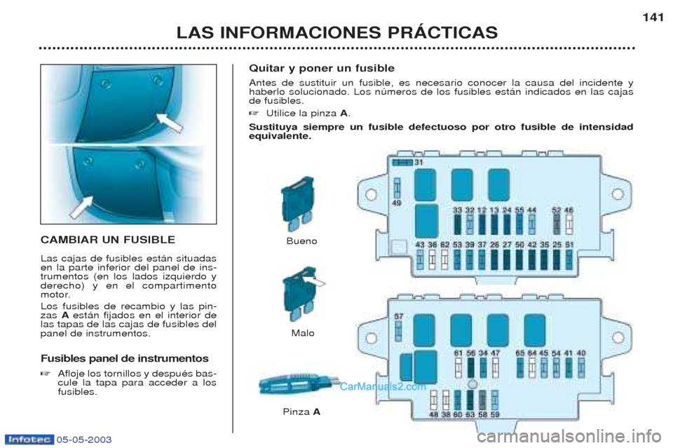 Peugeot Boxer 2003 Manual del propietario (in Spanish) 05-05-2003
Quitar y poner un fusible Antes de sustituir un fusible, es necesario conocer la causa del incidente y haberlo solucionado. Los nœmeros de los fusibles est‡n indicados en las cajasde fus Peugeot Boxer 2003 Manual del propietario (in Spanish) 05-05-2003
Quitar y poner un fusible Antes de sustituir un fusible, es necesario conocer la causa del incidente y haberlo solucionado. Los nœmeros de los fusibles est‡n indicados en las cajasde fus