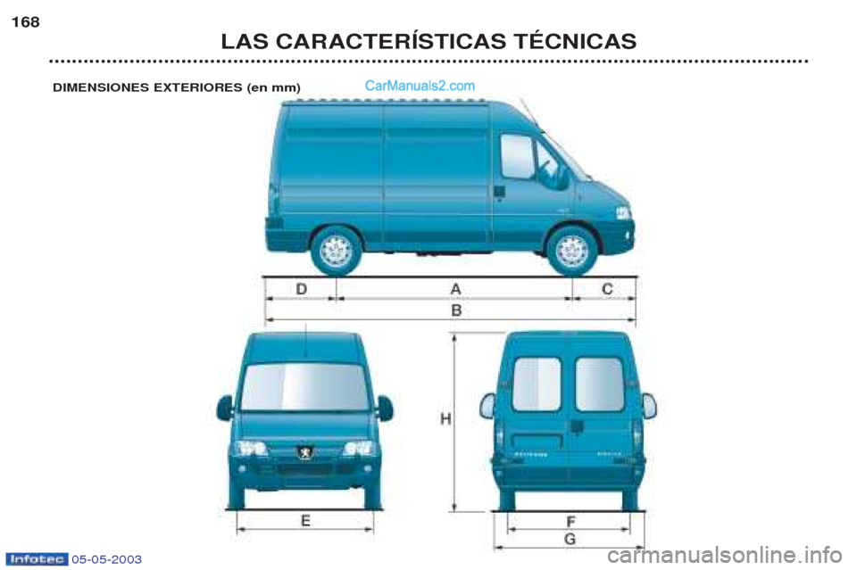 Peugeot Boxer 2003  Manual del propietario (in Spanish) 05-05-2003
LAS CARACTERêSTICAS TƒCNICAS
168
DIMENSIONES EXTERIORES (en mm)   