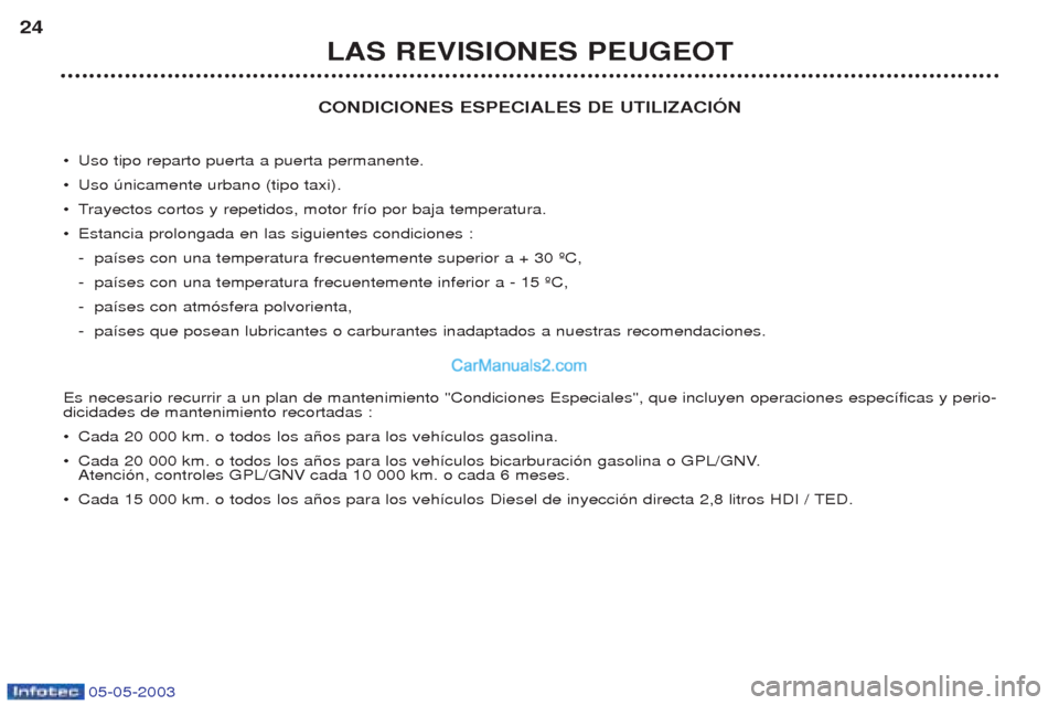 Peugeot Boxer 2003  Manual del propietario (in Spanish) 05-05-2003
CONDICIONES ESPECIALES DE UTILIZACIîN
¥ Uso tipo reparto puerta a puerta permanente.
¥ Uso œnicamente urbano (tipo taxi).
¥T rayectos cortos y repetidos, motor fr’o por baja temperat