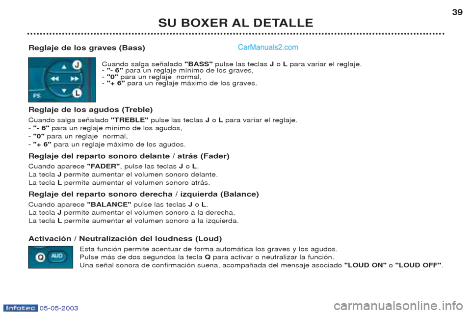 Peugeot Boxer 2003  Manual del propietario (in Spanish) 05-05-2003
SU BOXER AL DETALLE39
Reglaje de los graves (Bass) Cuando salga se–alado  "BASS"pulse las teclas  J o L para variar el reglaje.
-  "- 6"  para un reglaje m’nimo de los graves,
-  "0" pa
