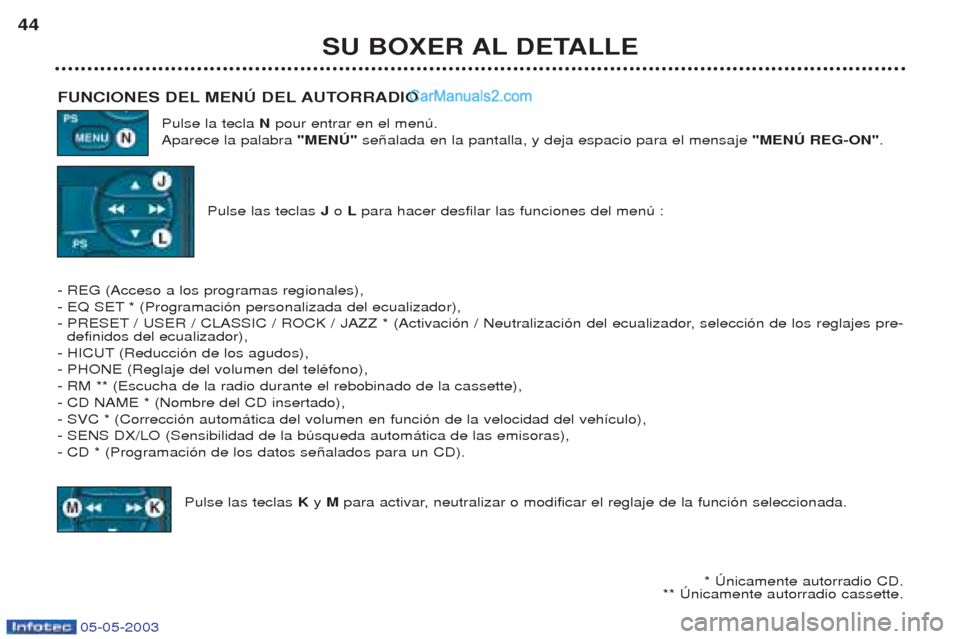Peugeot Boxer 2003  Manual del propietario (in Spanish) 05-05-2003
SU BOXER AL DETALLE
44
FUNCIONES DEL MENò DEL AUTORRADIO Pulse la tecla Npour entrar en el menœ.
Aparece la palabra  "MENò" se–alada en la pantalla, y deja espacio para el mensaje  "ME