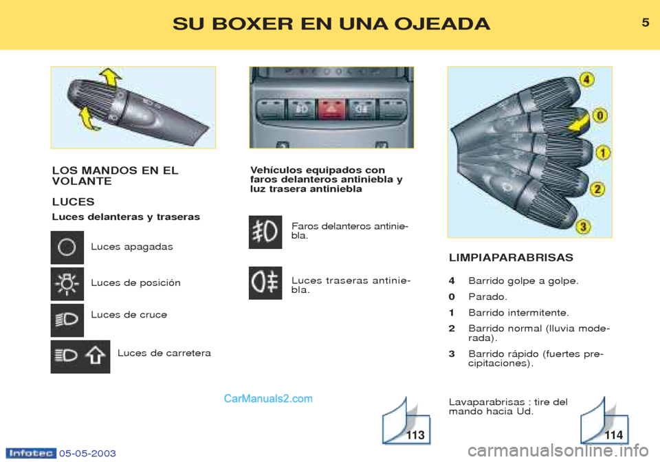 Peugeot Boxer 2003 Manual del propietario (in Spanish) 05-05-2003
Veh’culos equipados con
faros delanteros antiniebla y luz trasera antiniebla
Faros delanteros antinie-bla. Luces traseras antinie- bla. LIMPIAPARABRISAS 4
Barrido golpe a golpe.
0 Parad Peugeot Boxer 2003 Manual del propietario (in Spanish) 05-05-2003
Veh’culos equipados con
faros delanteros antiniebla y luz trasera antiniebla
Faros delanteros antinie-bla. Luces traseras antinie- bla. LIMPIAPARABRISAS 4
Barrido golpe a golpe.
0 Parad