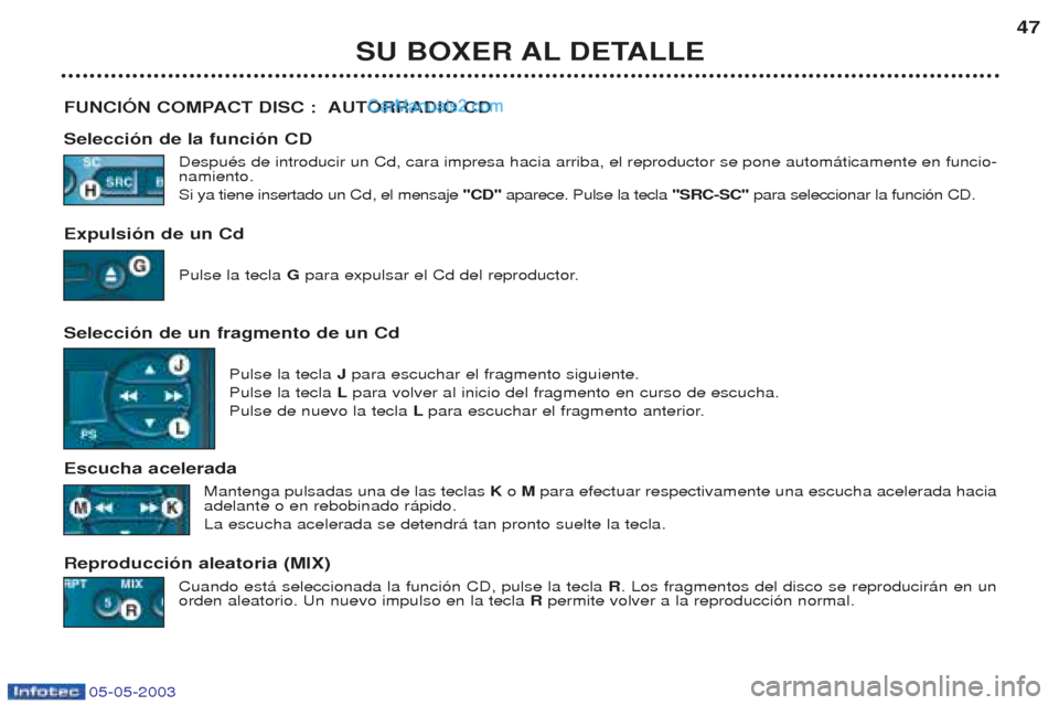 Peugeot Boxer 2003  Manual del propietario (in Spanish) 05-05-2003
SU BOXER AL DETALLE47
FUNCIîN COMPACT DISC :  AUTORRADIO CD Selecci—n de la funci—n CD DespuŽs de introducir un Cd, cara impresa hacia arriba, el reproductor se pone autom‡ticamente