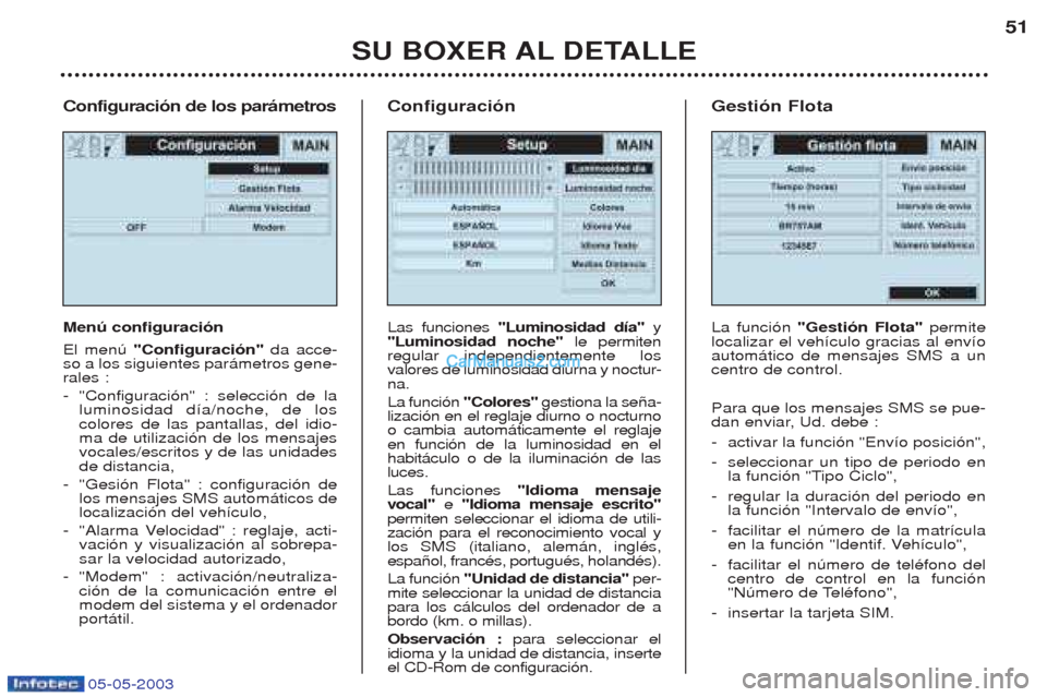 Peugeot Boxer 2003  Manual del propietario (in Spanish) 05-05-2003
Configuraci—n de los par‡metros Menœ configuraci—n El menœ "Configuraci—n" da acce-
so a los siguientes par‡metros gene- rales : - "Configuraci—n" : selecci—n de la luminosi